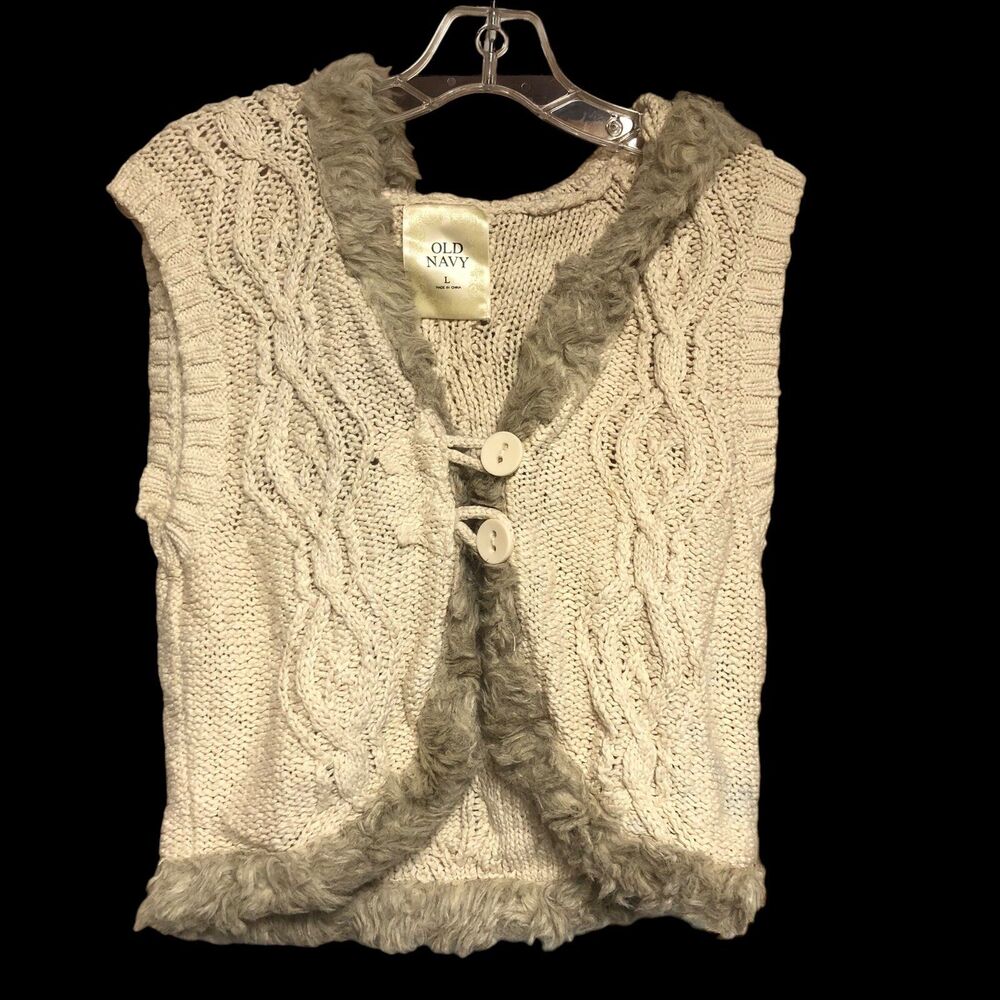 Old Navy Faux Fur Trimmed Hooded Vest, Cable Knit, 2 Button Hoodie SZ Junior L